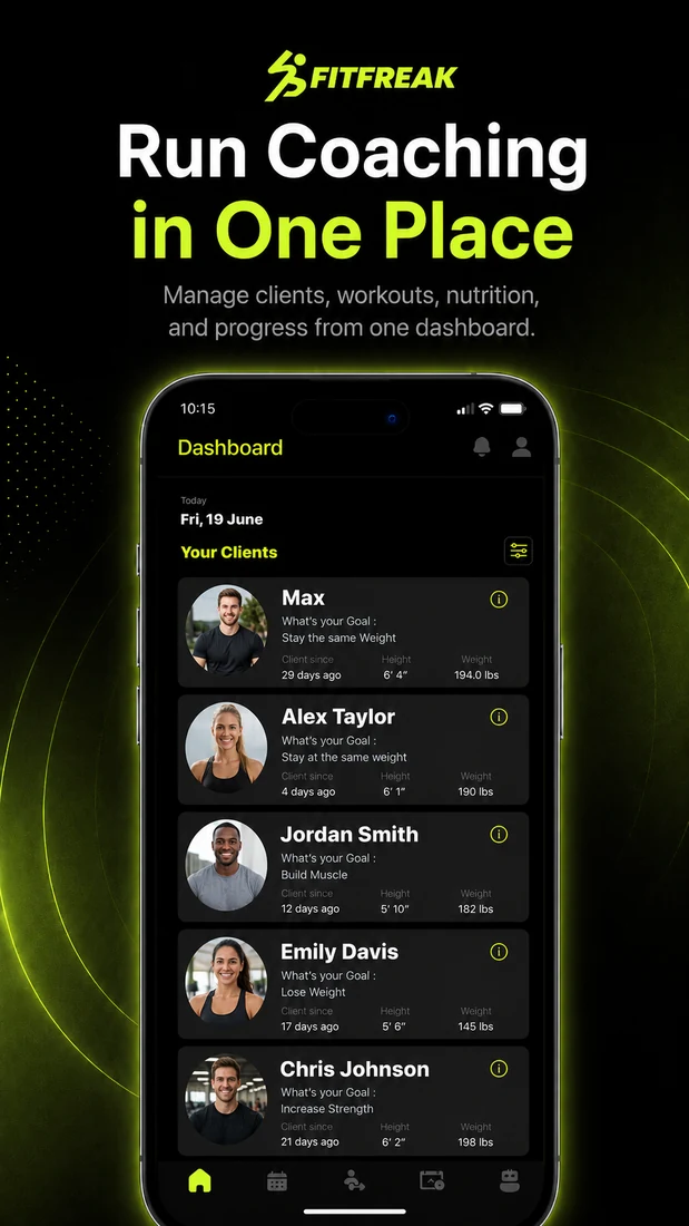 Coach dashboard screen in FitFreak Pro
