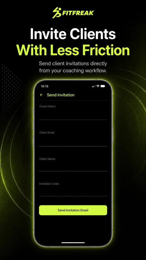 Client invitation screen in FitFreak Pro