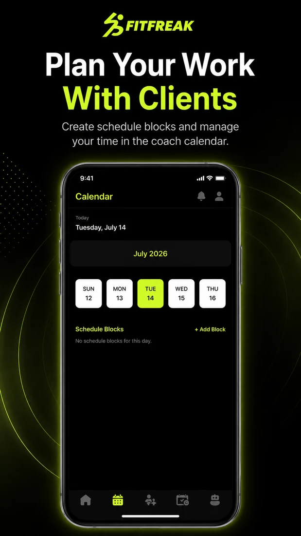 Coach calendar with schedule blocks in FitFreak Pro