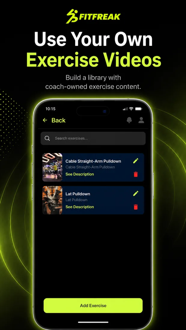 FitFreak Pro exercise video library screen