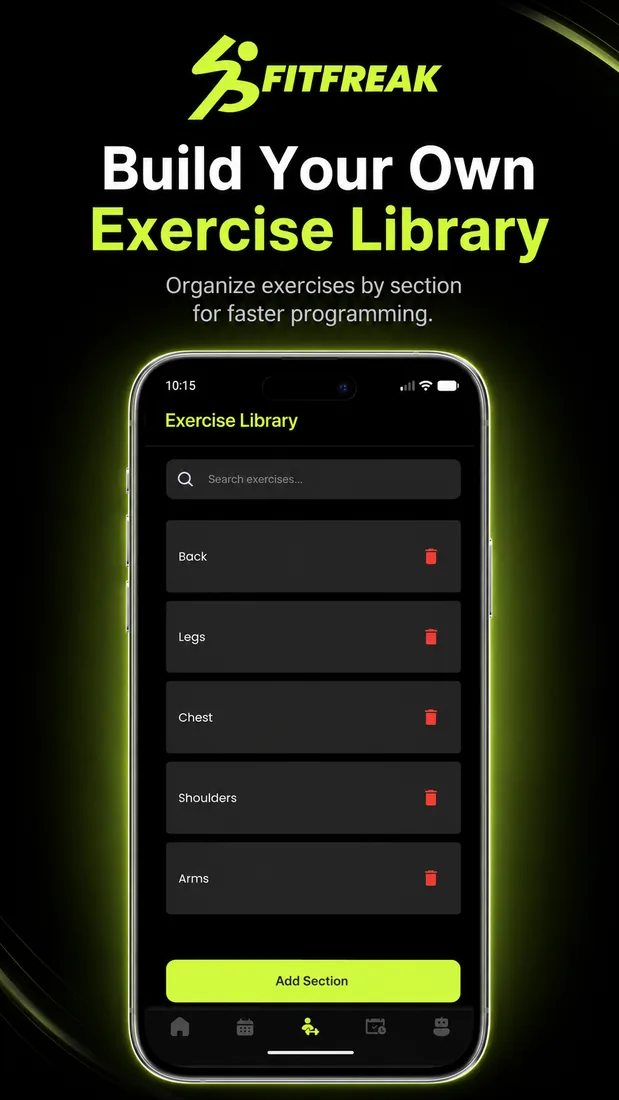 Coach exercise library sections in FitFreak Pro