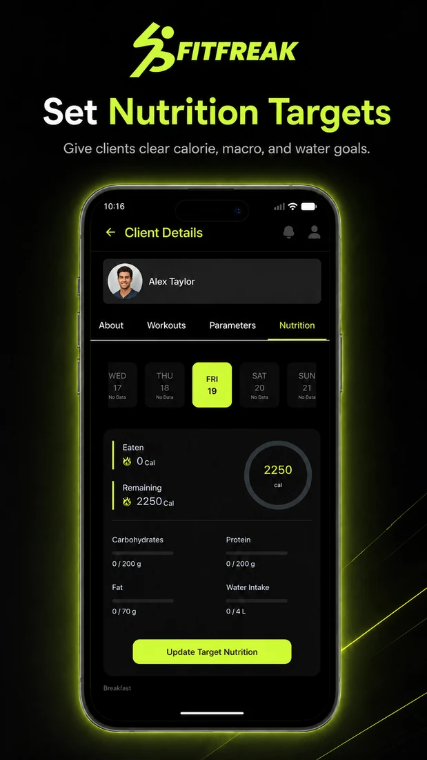 Nutrition target screen in FitFreak Pro