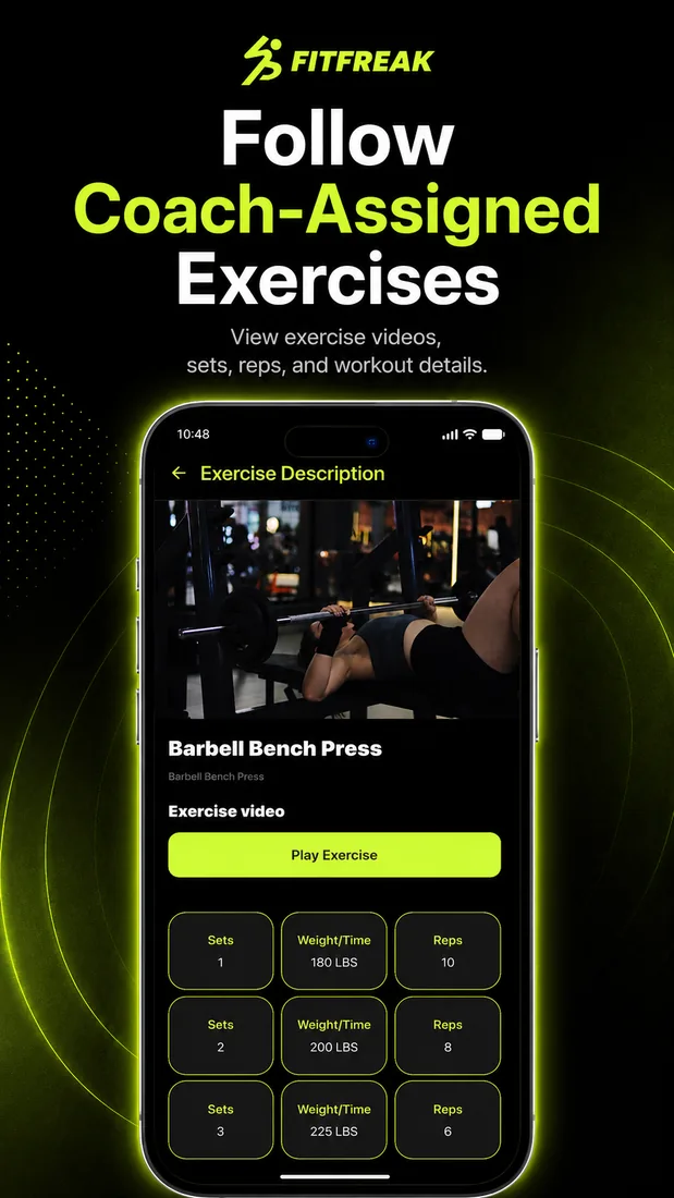 Exercise details with video and set information