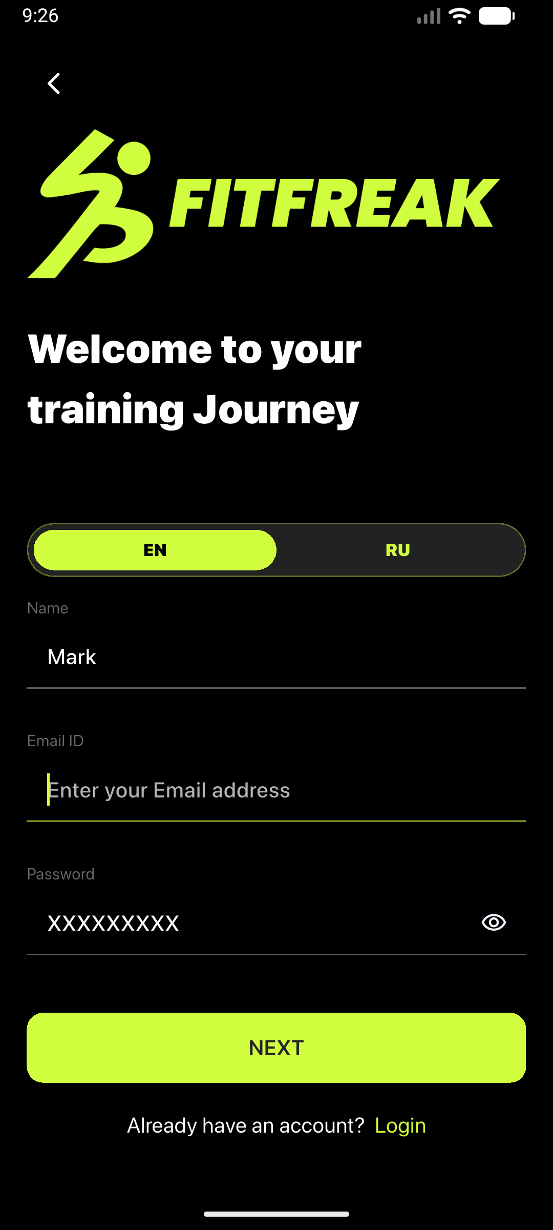 Client account registration screen in FitFreak Pro