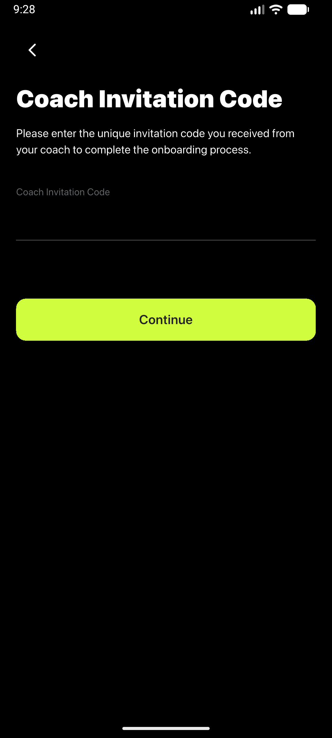 Client screen for entering a coach invitation code