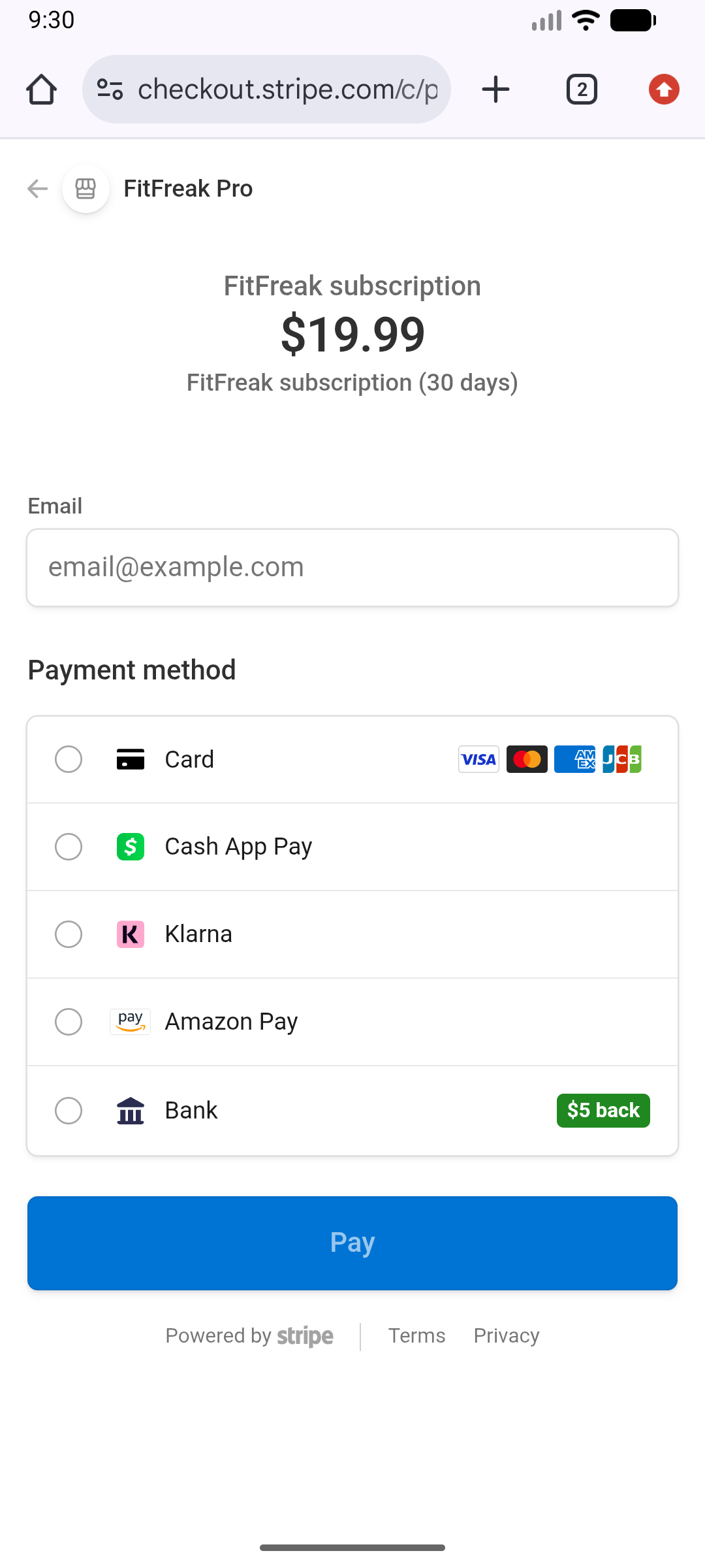 Stripe Checkout screen used to activate FitFreak Pro client access