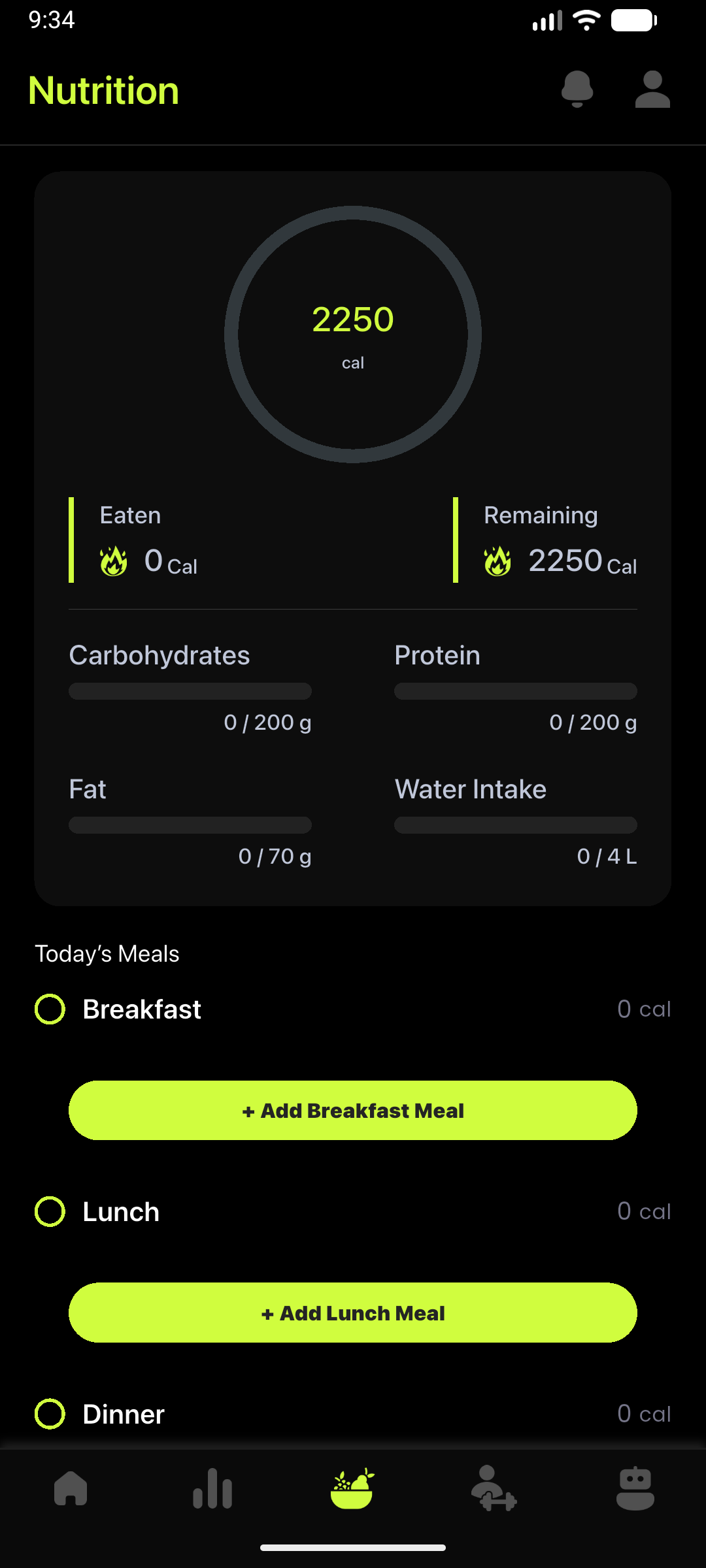 Client nutrition screen for tracking meals, water, and daily targets