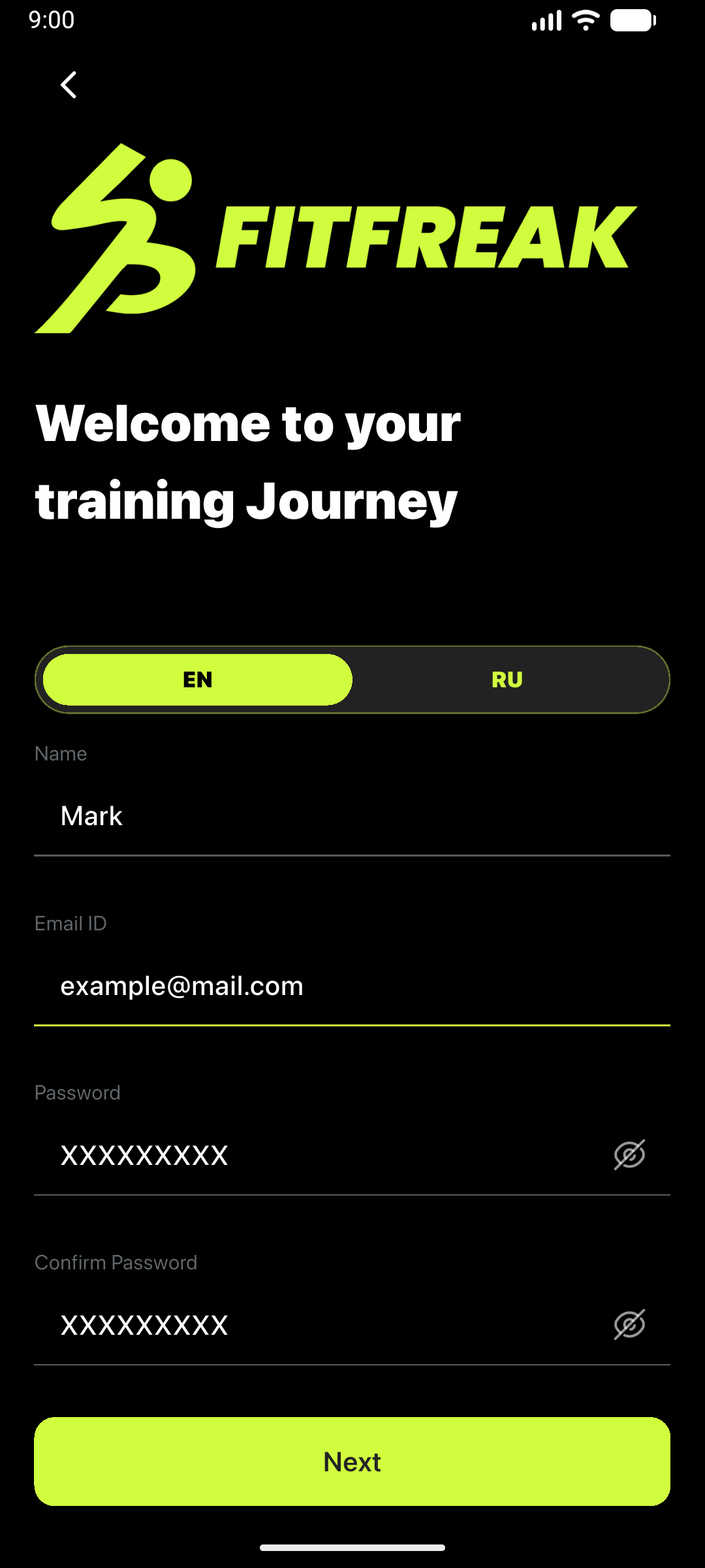 Coach account creation screen in FitFreak Pro