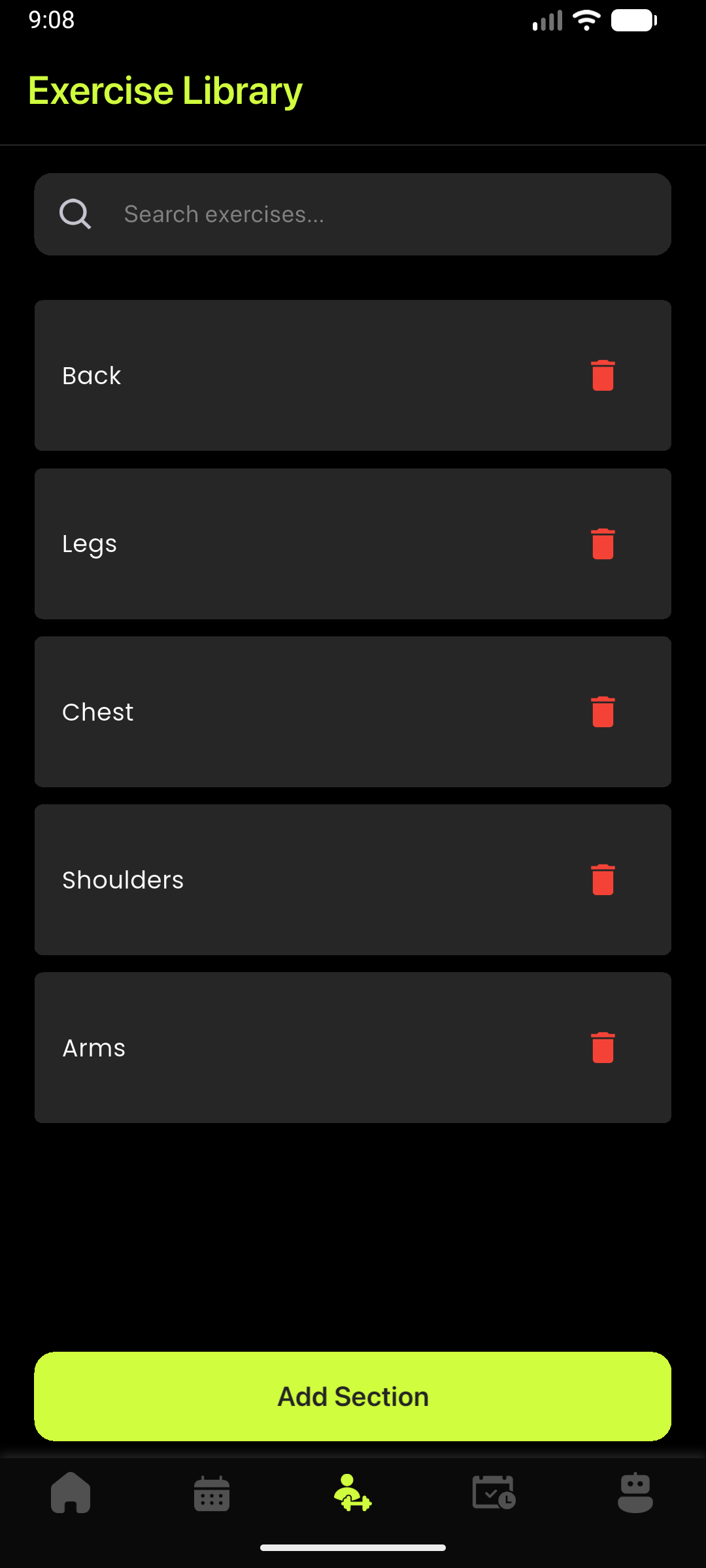 Coach exercise library with custom exercise sections