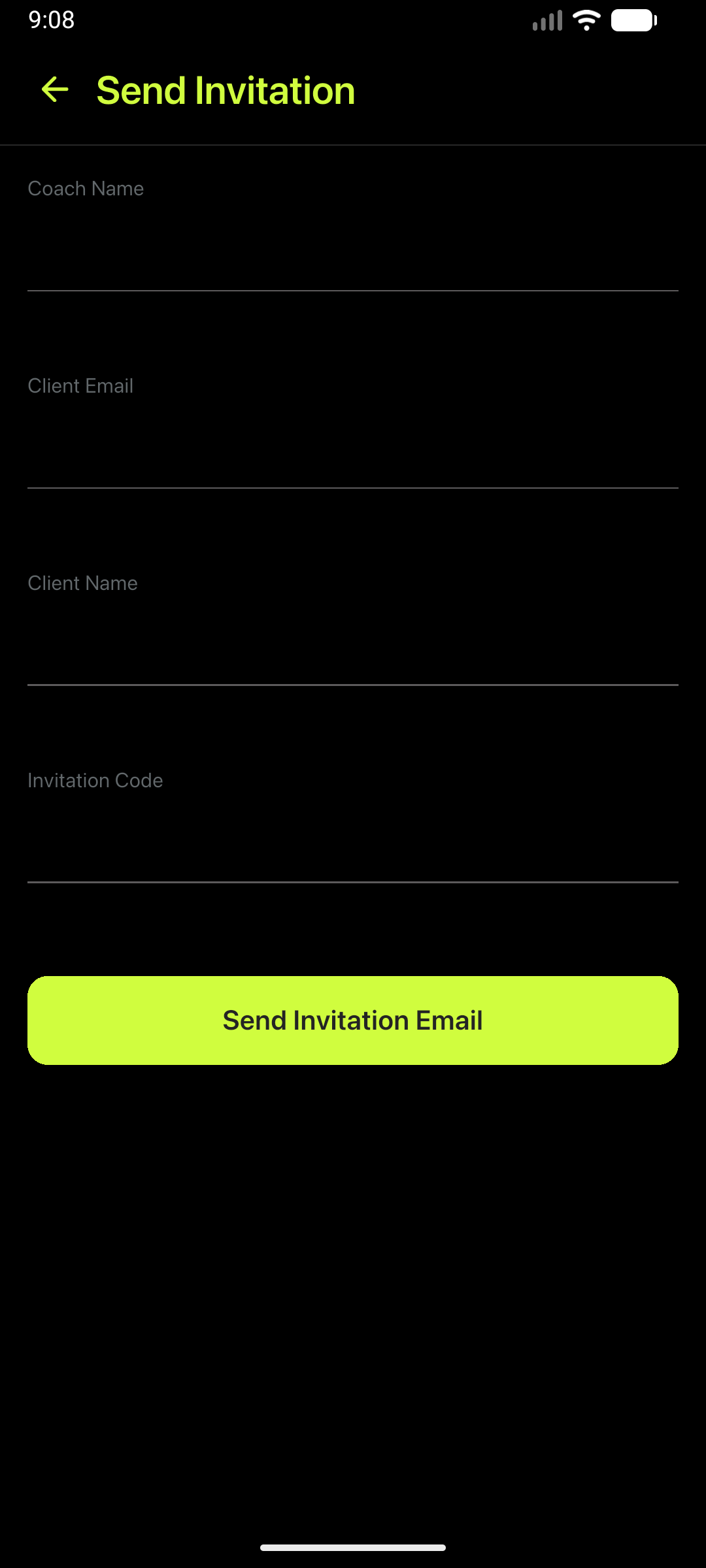 Client invitation form in the FitFreak Pro coach workflow