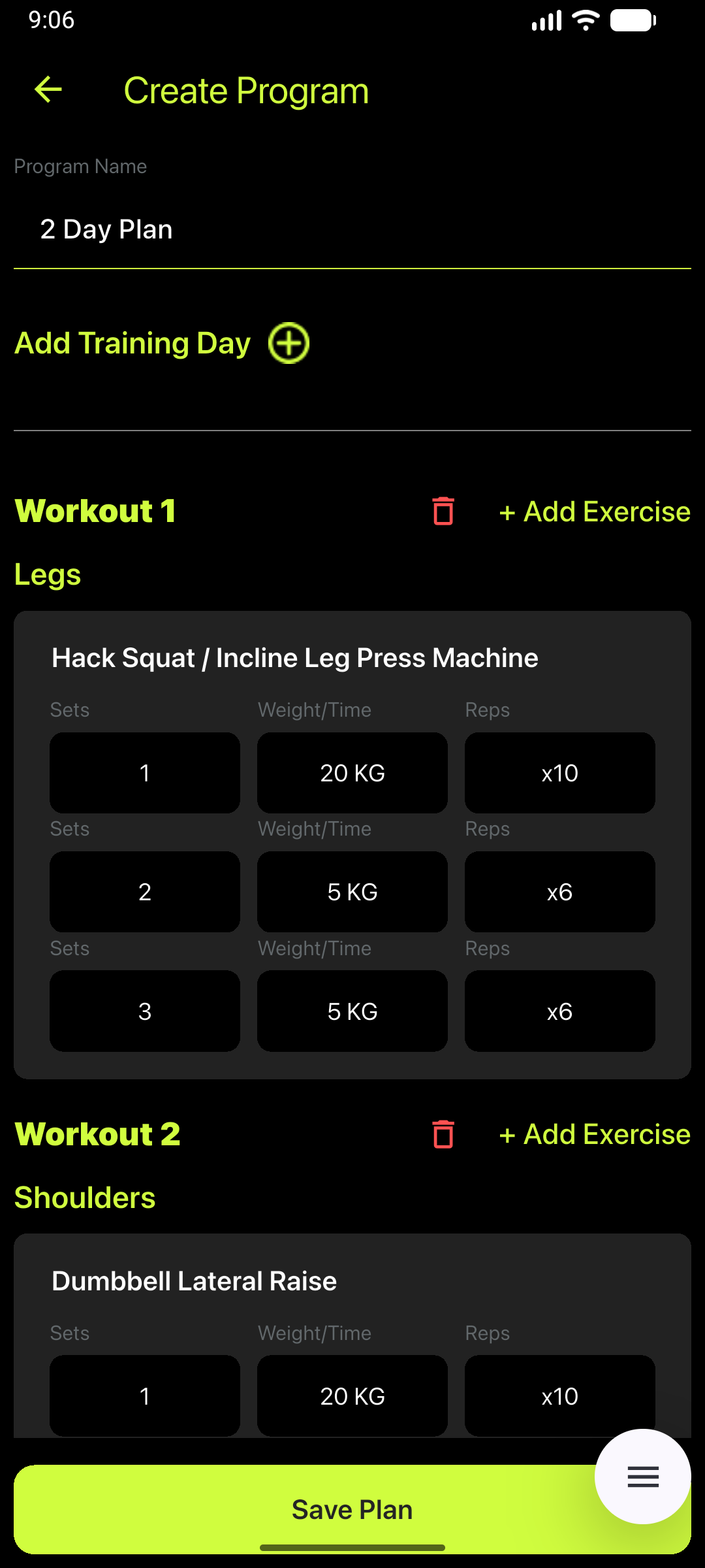 Workout program creation screen for assigning exercises to a client