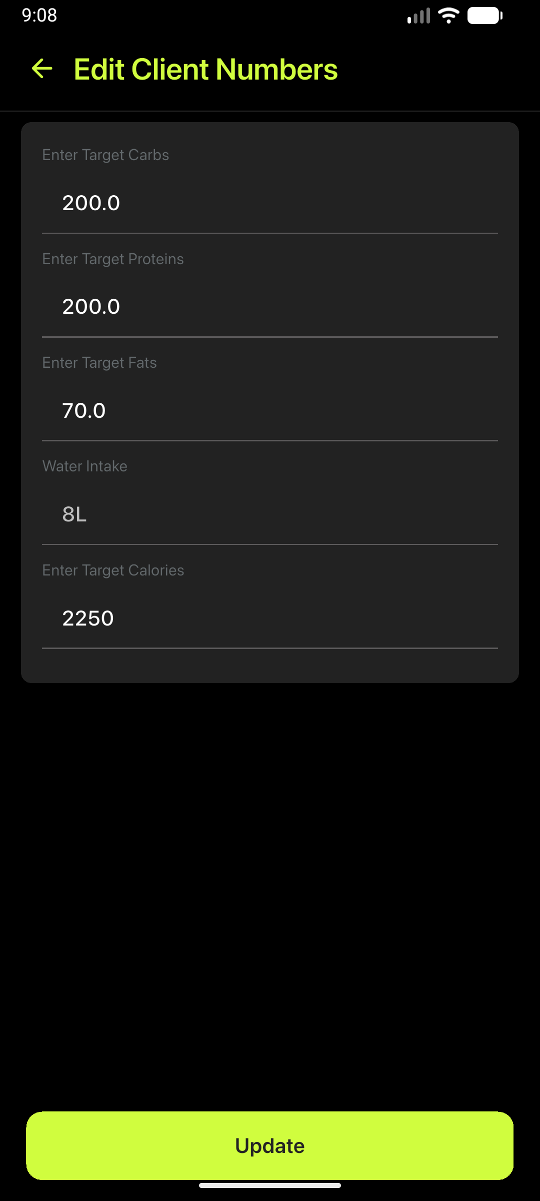 Coach nutrition target setup screen for a client