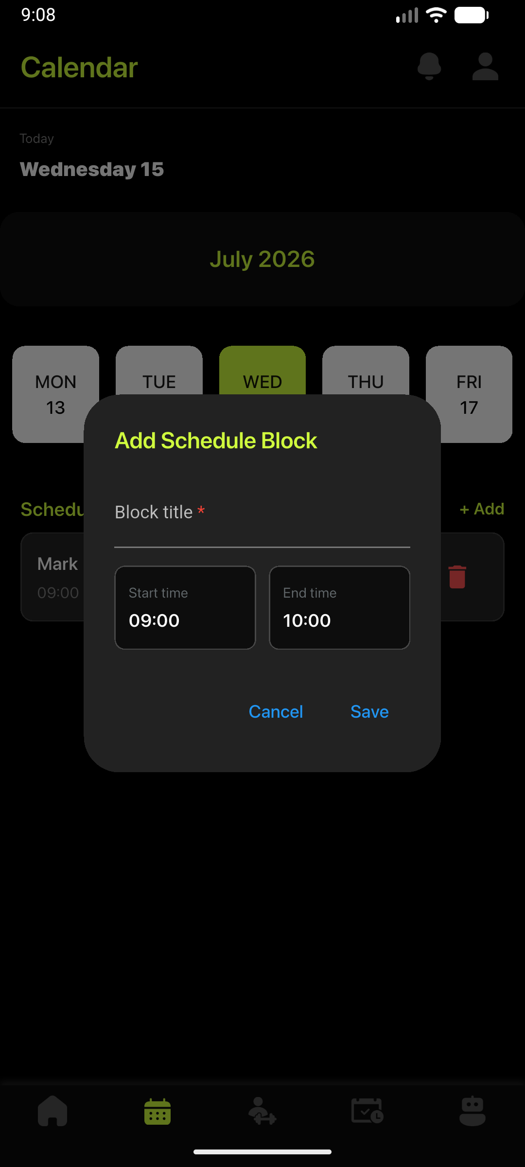 FitFreak Pro coach calendar with schedule blocks
